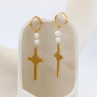 Stainless Steel Drop Earring 304 Stainless Steel with Plastic Pearl Cross plated fashion jewelry golden 74mm Sold By Pair