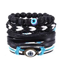 Cowhide Bracelet Set with PU Leather & Wax Cord & Wood & Zinc Alloy Evil Eye vintage & 4 pieces & Unisex Length Approx 6.7-7 Inch Sold By Set