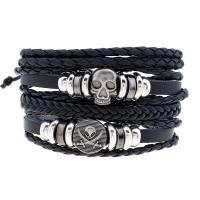 Cowhide Bracelet, with PU Leather & Wax Cord & Wood & Tibetan Style, Skull, vintage & 4 pieces & Unisex, Length:Approx 6.7-7 Inch, Sold By Set