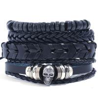 PU Leather Bracelet Set, with Wax Cord & Wood & Zinc Alloy, Skull, vintage & 4 pieces & Unisex, Length Approx 6.7-7 Inch, Sold By Set