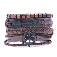 PU Leather Cord Bracelets with Wax Cord & Wood & Zinc Alloy Anchor and Ship Wheel vintage & 4 pieces & Unisex Length Approx 6.7-7 Inch Sold By Set