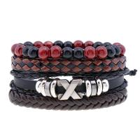 PU Leather Cord Bracelets, with Glass Beads & Cowhide & Wax Cord & Tibetan Style, vintage & 4 pieces & Unisex, Length:Approx 6.7-7 Inch, Sold By Set