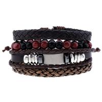PU Leather Cord Bracelets with Glass Beads & Cowhide & Wax Cord & Zinc Alloy vintage & 4 pieces & Unisex Length Approx 6.7-7 Inch Sold By Set