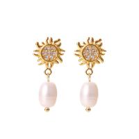 316 Stainless Steel Drop Earring with Freshwater Pearl 18K gold plated & micro pave cubic zirconia & for woman 11-40mm Sold By Pair