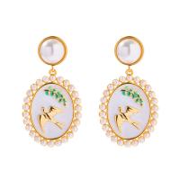 Brass Drop Earring, with Freshwater Pearl, Oval, gold color plated, vintage & for woman & enamel, 18.60x34.50mm, Sold By Pair