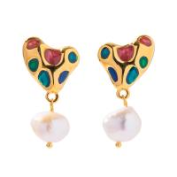 Brass Drop Earring, with Freshwater Pearl, Heart, gold color plated, vintage & for woman & enamel, 17.80x33.40mm, Sold By Pair