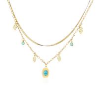 Brass Necklace, with Titanium Steel & turquoise, with 2inch extender chain, 18K gold plated, Double Layer & different styles for choice & for woman, Length:Approx 16.9 Inch, Sold By PC