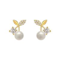 Brass Stud Earring with Plastic Pearl 14K gold plated fashion jewelry & micro pave cubic zirconia & for woman golden nickel lead & cadmium free Sold By Pair
