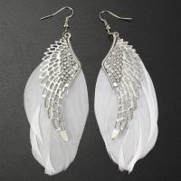 Tibetan Style Drop Earrings, with Feather, silver color plated, fashion jewelry & for woman, white, nickel, lead & cadmium free, 65x23mm, Sold By Pair