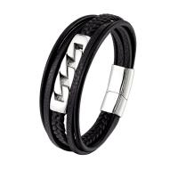 PU Leather Cord Bracelets, with 316L Stainless Steel, multilayer & different length for choice & for man, black, 10x44mm, Sold By PC