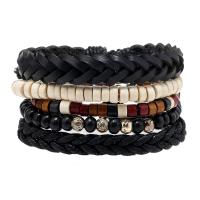 PU Leather Cord Bracelets, with Wood, handmade, vintage & 4 pieces & Unisex, Length:Approx 18 cm, Sold By Set