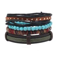 Leather Cord Bracelet, PVC Leather, with turquoise & Wax Cord & Tibetan Style, handmade, 4 pieces & folk style & Unisex & adjustable, Length:Approx 18-23 cm, Sold By Set