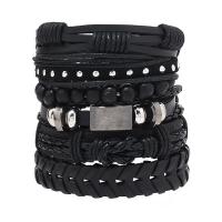 Leather Cord Bracelet PVC Leather with Wax Cord & Zinc Alloy handmade 6 pieces & vintage & adjustable & for man black Length Approx 18-23 cm Sold By Set