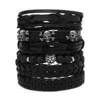 PU Leather Cord Bracelets, with Lava & Tibetan Style, Skull, handmade, 6 pieces & punk style & adjustable & for man, black, Length:Approx 18-23 cm, Sold By Set