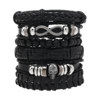 PU Leather Cord Bracelets with Zinc Alloy Skull handmade 6 pieces & punk style & adjustable & for man black Length Approx 19 cm Sold By Set