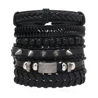 PU Leather Cord Bracelets, with Tibetan Style, handmade, 6 pieces & punk style & adjustable & for man, black, Length:Approx 18-23 cm, Sold By Set