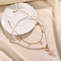 Multi Layer Necklace Zinc Alloy with Acrylic mushroom gold color plated Double Layer & for woman & enamel & with rhinestone pink nickel lead & cadmium free Length Approx 39 cm Approx 40.3 cm Sold By PC