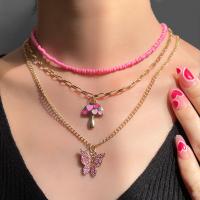 Multi Layer Necklace, Tibetan Style, with Polymer Clay, Butterfly, gold color plated, fashion jewelry & multilayer & for woman & enamel, pink, nickel, lead & cadmium free, 19x18mm, Length:Approx 53.5 cm, Approx 42.5 cm, Sold By PC