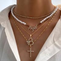 Multi Layer Necklace Zinc Alloy with Plastic Pearl Heart gold color plated fashion jewelry & multilayer & for woman & with rhinestone nickel lead & cadmium free Length Approx 55.5 cm Approx 46.5 cm Sold By PC