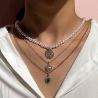 Mode-Multi-Layer-Halskette, Zinklegierung, mit Kunststoff Perlen, goldfarben plattiert, Modeschmuck & mehrschichtig & für Frau & mit Strass, frei von Nickel, Blei & Kadmium, 12x17mm, Länge:ca. 54 cm, ca. 46.5 cm, verkauft von PC