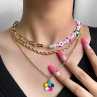Multi Layer Necklace, Tibetan Style, with Polymer Clay, Flower, gold color plated, fashion jewelry & multilayer & for woman & enamel, nickel, lead & cadmium free, 17x21mm, Length:Approx 53.5 cm, Approx 46 cm, Sold By PC