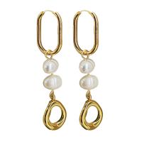 Titanium Steel  Earring, with Plastic Pearl, plated, fashion jewelry, golden, 57mm, Sold By Pair