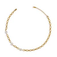 Edelstahl Schmuck Halskette, 304 Edelstahl, mit Kunststoff Perlen, mit Verlängerungskettchen von 5cm, plattiert, Modeschmuck, goldfarben, 7mm, Länge:40 cm, verkauft von PC