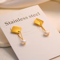 Stainless Steel Drop Earring, 304 Stainless Steel, with Plastic Pearl, plated, fashion jewelry, golden, 7x10x31mm, Sold By Pair