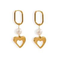 Stainless Steel Drop Earring 304 Stainless Steel with Freshwater Pearl Heart plated fashion jewelry gold Sold By Pair
