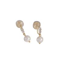 Cubic Zirconia Micro Pave Brass Earring with Cubic Zirconia & Plastic Pearl Round gold color plated fashion jewelry & for woman white nickel lead & cadmium free Sold By Pair