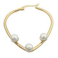 Laiton Anneau d'oreille, avec perle de plastique, Placage de couleur d'or, bijoux de mode & pour femme, deux couleurs différentes, 46x39x2mm, 6pairescouple/lot, Vendu par lot