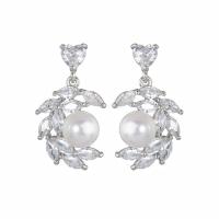 Brass Drop Earring, with Cubic Zirconia & Plastic Pearl, platinum color plated, fashion jewelry & for woman, white, nickel, lead & cadmium free, 11.70x21mm, Sold By Pair