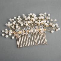 Dekorative Hårkamme, Zinc Alloy, med Krystal & Plastic Pearl, mode smykker & for kvinde, gylden, nikkel, bly & cadmium fri, 140x80mm, Solgt af PC