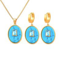 Fashion Stainless Steel Jewelry Sets 316L Stainless Steel with turquoise with 1.97inch extender chain & micro pave cubic zirconia & for woman 30mm 41mm Length Approx 15.35 Inch Sold By PC