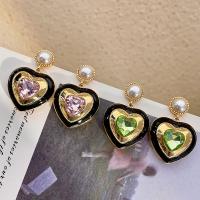 Tibetan Style Drop Earrings, with Plastic Pearl, Heart, plated, fashion jewelry & for woman & with rhinestone, more colors for choice, nickel, lead & cadmium free, 35mm, Sold By Pair
