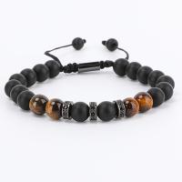 Gemstone Bracelets Abrazine Stone with Tiger Eye & Brass Round plumbum black color plated adjustable & for man black Length Approx 16-28 cm Sold By PC