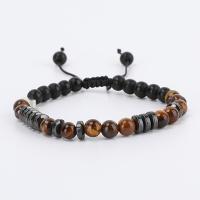 Gemstone Bracelets, Obsidian, with Tiger Eye & Hematite, Round, handmade, adjustable & for man, black, 6mm, Length:Approx 16-28 cm, Sold By PC