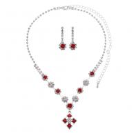 Jewelry Sets, earring & necklace, Rhinestone, with Brass, silver color plated, for woman, red, 3.6cm,2.7cm, Length:51 cm, Sold By Set