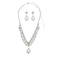 Schmucksets, Ohrring & Halskette, Strass, mit Kunststoff Perlen & Messing, silberfarben plattiert, für Frau, 11cm,3.5cm, Länge:45 cm, verkauft von setzen
