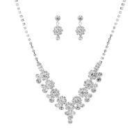 Jewelry Sets, earring & necklace, Rhinestone, with Brass, silver color plated, for woman, 2.4x7.3cm,1x3.5cm, Length:45 cm, Sold By Set