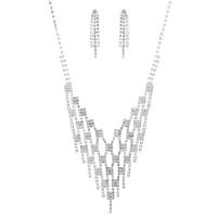 Jewelry Sets, earring & necklace, Rhinestone, with Brass, silver color plated, for woman, 13cm,0.6x4.5cm, Length:45 cm, Sold By Set