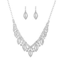 Jewelry Sets, earring & necklace, Rhinestone, with Brass, silver color plated, for woman, 9cm,1x3cm, Length:45 cm, Sold By Set