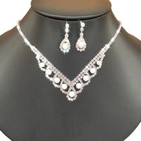 Sets de Joyas, pendiente & collar, diamantes de imitación, con Perlas plásticas & metal, con 15cm extender cadena, chapado en color de plata, para mujer, 5.5cm,1x2.5cm, longitud:28 cm, Vendido por Set