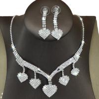 Jewelry Sets, earring & necklace, Rhinestone, with Brass, with 15cm extender chain, Heart, silver color plated, for woman, 2cm,8cm,1.5x4cm, Length:30 cm, Sold By Set