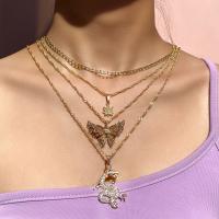 Multi Layer Necklace Zinc Alloy Butterfly gold color plated fashion jewelry & multilayer & for woman & with rhinestone nickel lead & cadmium free Length Approx 54 cm Approx 42 cm Sold By PC