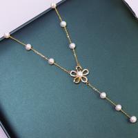 Freshwater Pearl Brass Necklace, with Copper Alloy, fashion jewelry & for woman, golden, 6-7mm, Length:Approx 45 cm, Sold By PC