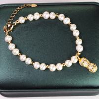 Sötvatten odlade Pearl Bracelet, Freshwater Pearl, med Kopparlegering, med 1.97inch extender kedja, äkta guldpläterad, mode smycken & för kvinna, vit, 6-7mm, Längd Ca 6.3 inch, Säljs av PC