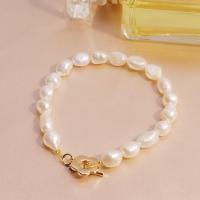 Bracelet en perles de culture d'eau douce, perle d'eau douce cultivée, avec Alliage de cuivre, Plaqué d'or, bijoux de mode & pour femme, blanc, 7-8mm, Longueur:Environ 6.69 pouce, Vendu par PC