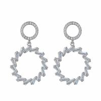 Brass Drop Earring, with Cubic Zirconia, Donut, platinum color plated, fashion jewelry & for woman & hollow, clear, nickel, lead & cadmium free, 19x31.50mm, Sold By Pair