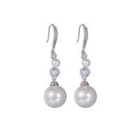 Brass Drop Earring with Plastic Pearl Round platinum color plated fashion jewelry & micro pave cubic zirconia & for woman white nickel lead & cadmium free Sold By Pair